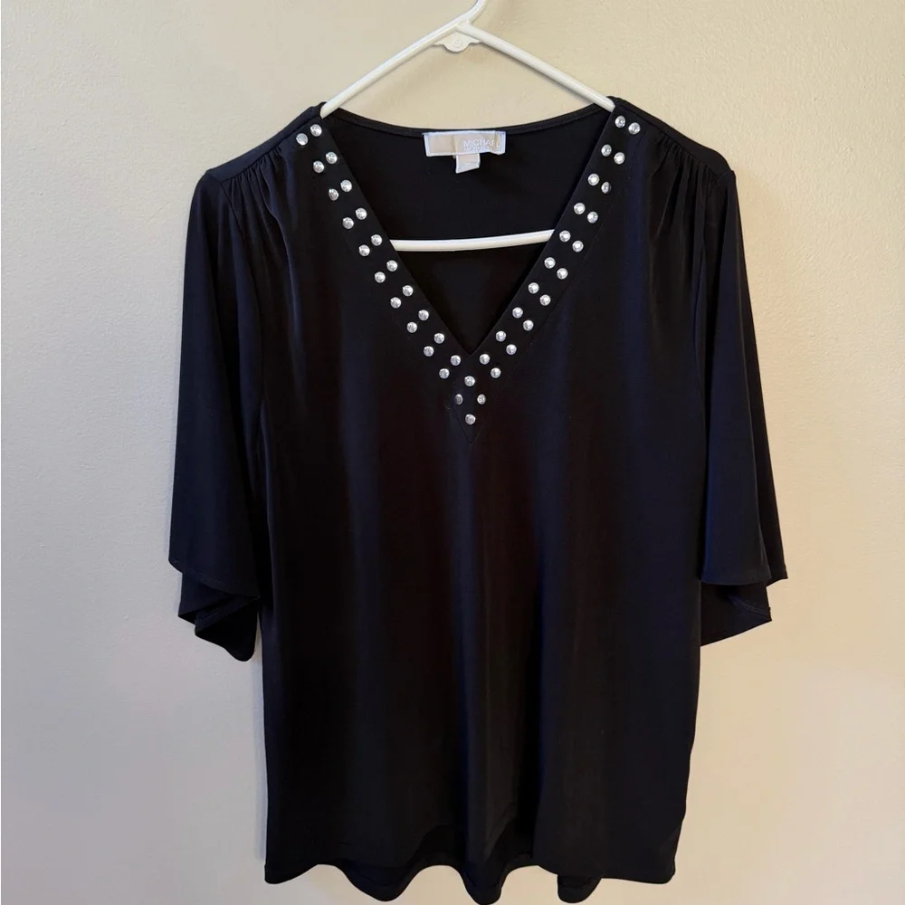 Michael Kors Black V-Neck Flutter Sleeve Blouse Top with Silver Accents